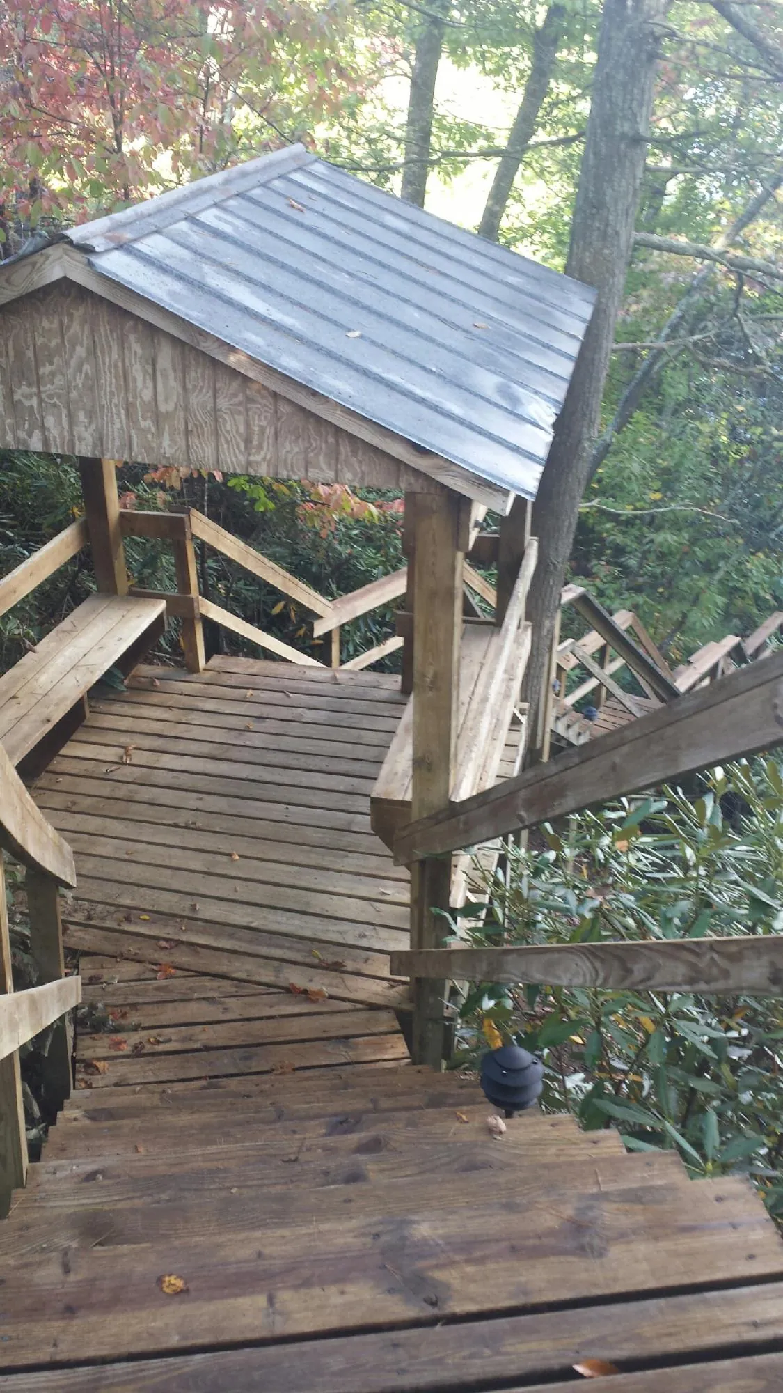 Metal roofed shelter over wooden steps on a wooded walkway — Skylight Repair & Installation work by our crew in Fairfax