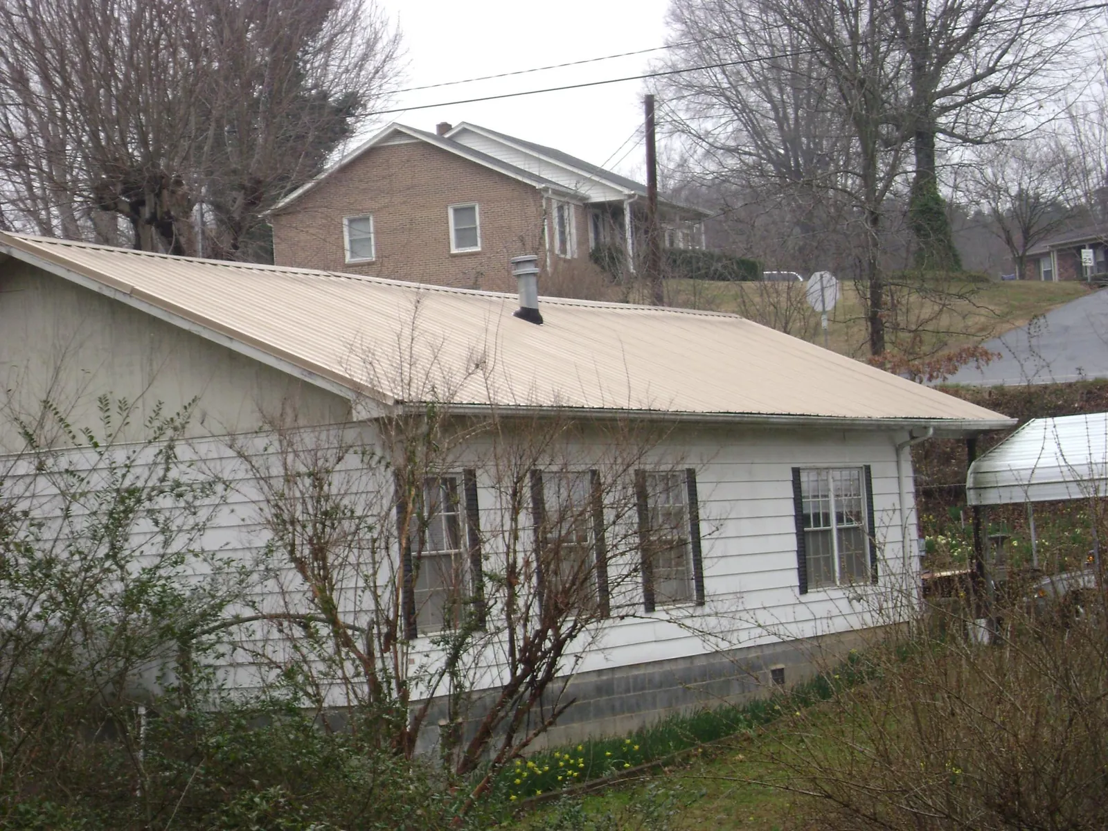 Tan metal roof on a white sided house set into a hillside in Fairfax